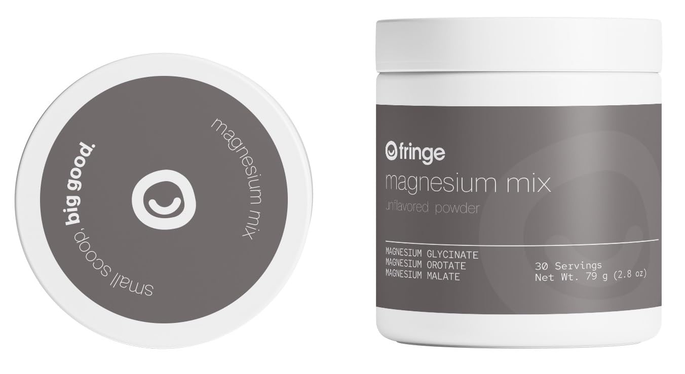 Fringe Triple Magnesium Mix bottle label shows the three forms for daily support.
