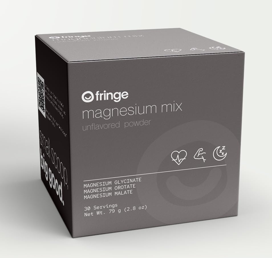Fringe Triple Magnesium Mix packaging closeup highlights clean, unflavored formula.