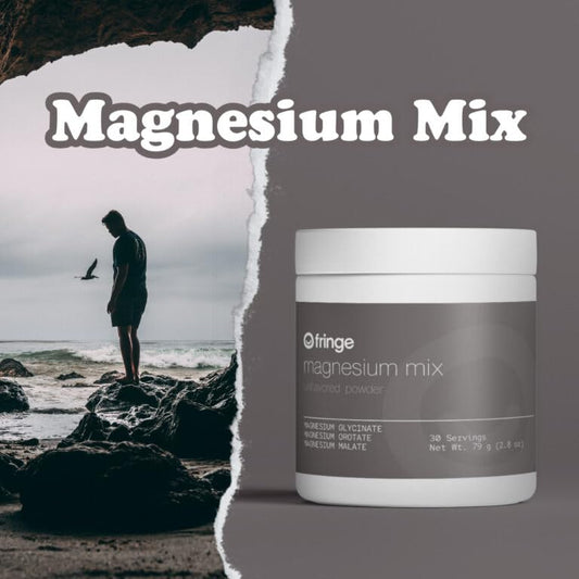 Fringe Triple Magnesium Mix scoop beside glass for easy dosing.