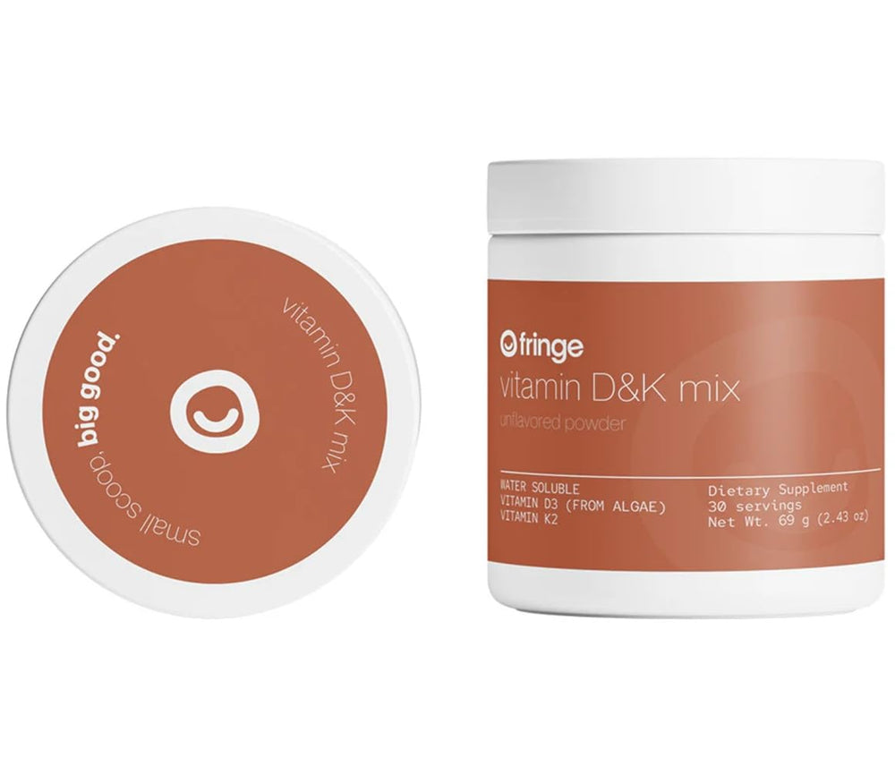 Fringe Vitamin D3 & K2 Mix bottle on counter, vegan daily supplement option.