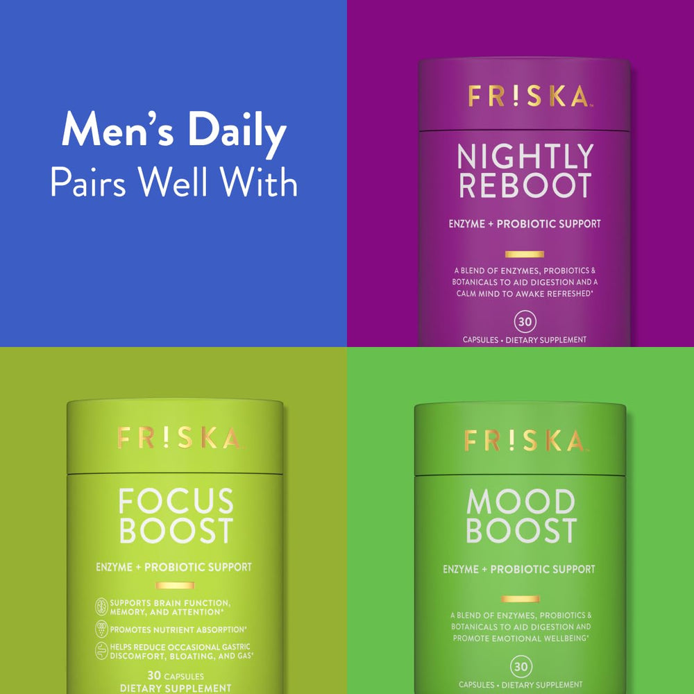 Friska daily enzymes B6 and B12 vitamins bottle signals energy and vitality