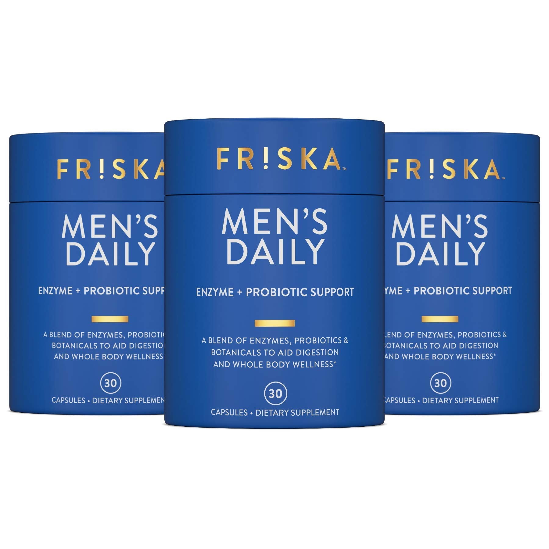 Friska daily enzymes bottle front promotes comfortable digestion after meals