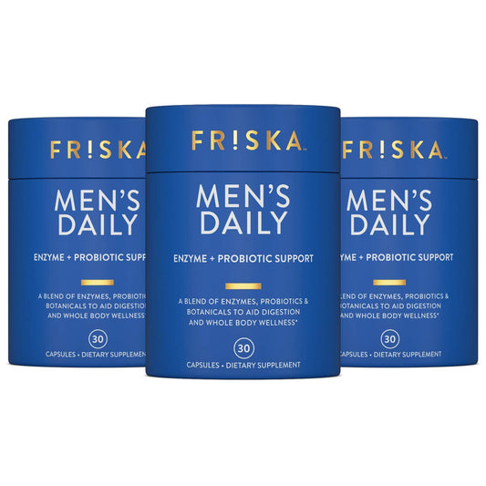Friska daily enzymes bottle front promotes comfortable digestion after meals