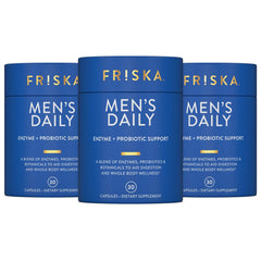 Friska daily enzymes bottle front promotes comfortable digestion after meals