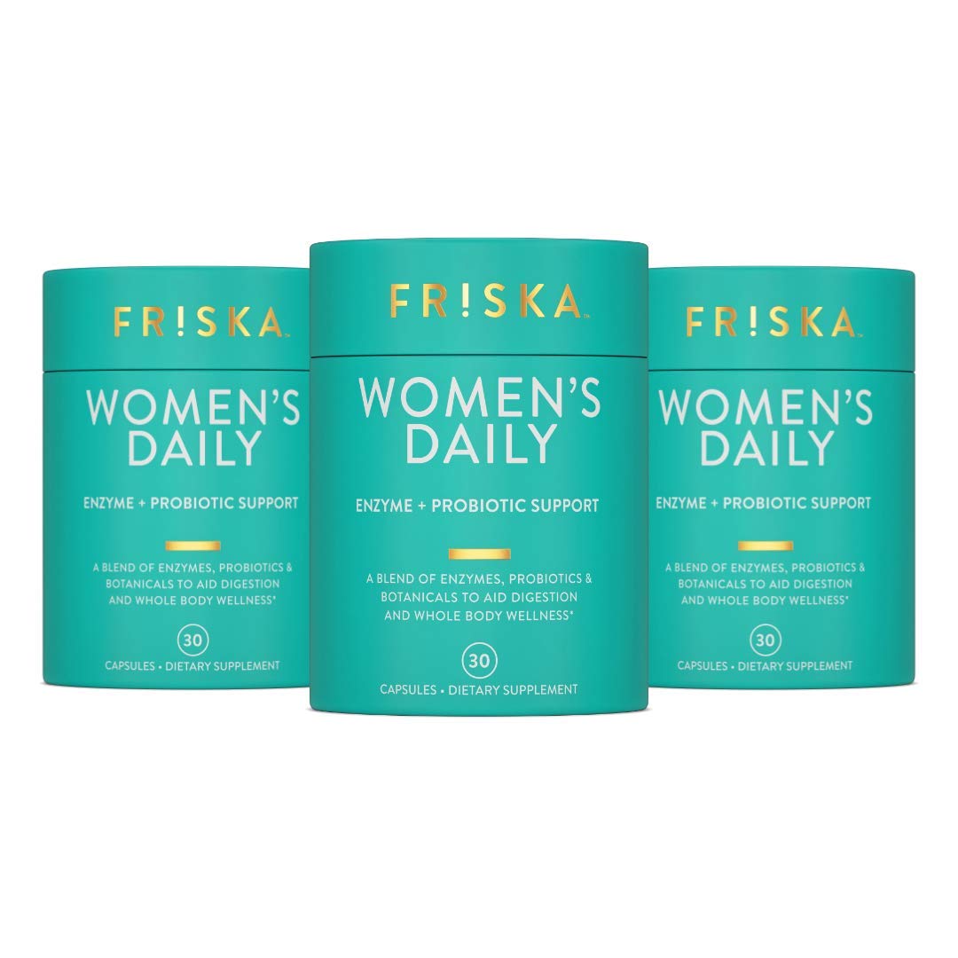 Friska Daily Digestive Enzymes bottle pouring for easy daily digestion