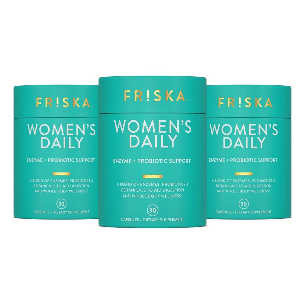 Friska Daily Digestive Enzymes bottle pouring for easy daily digestion