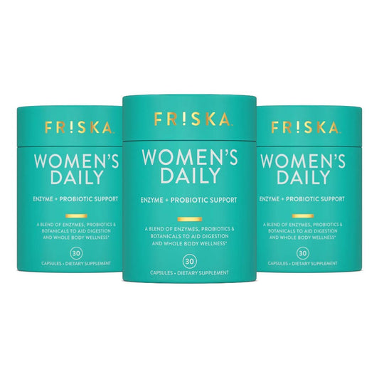 Friska Daily Digestive Enzymes bottle pouring for easy daily digestion