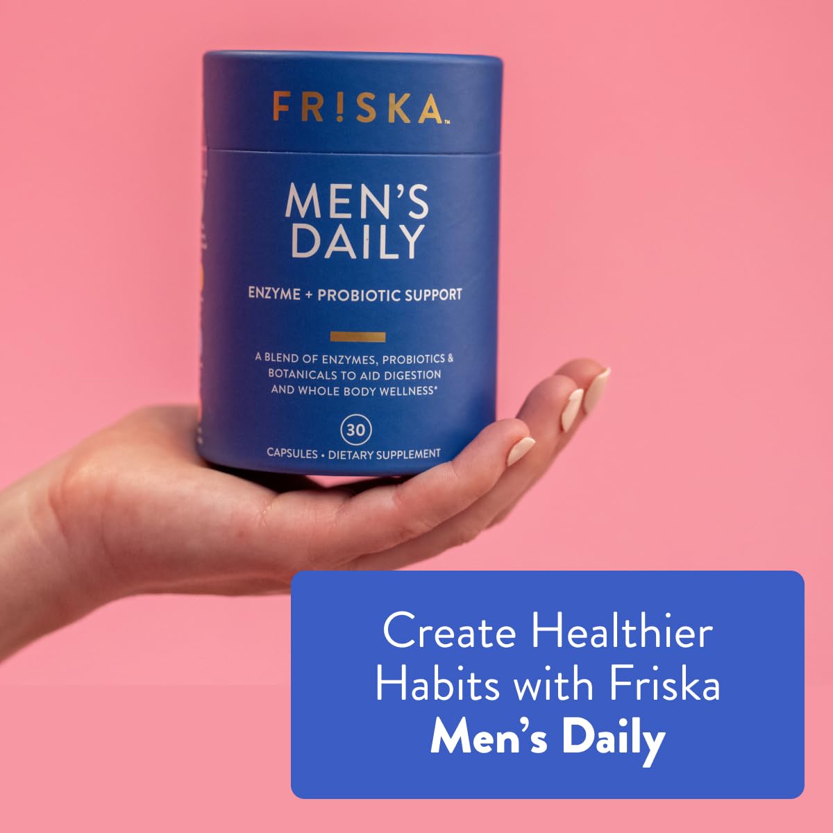 Friska daily enzymes capsules close-up highlights probiotic DE111 for gut balance