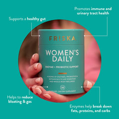 Friska label close-up highlighting cranberry vitamin D and probiotic DE111 benefits