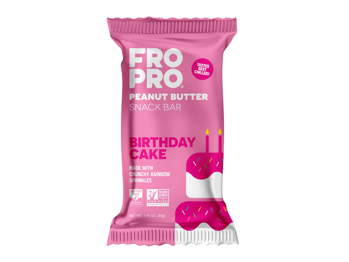 FRO PRO Birthday Cake bar pack presents a convenient gluten-free protein snack.