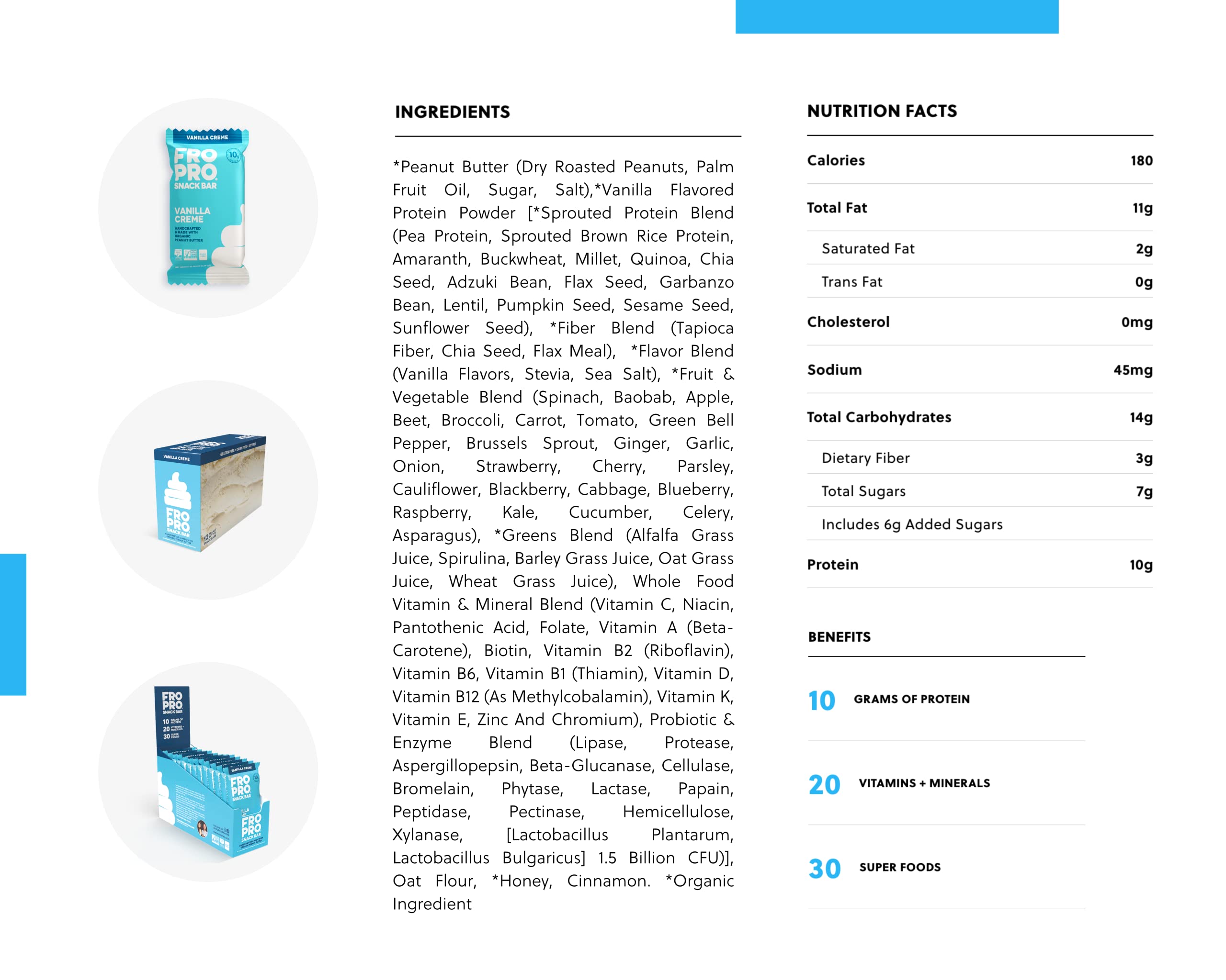 FRO PRO nutrition facts emphasize 9–10g protein per bar.