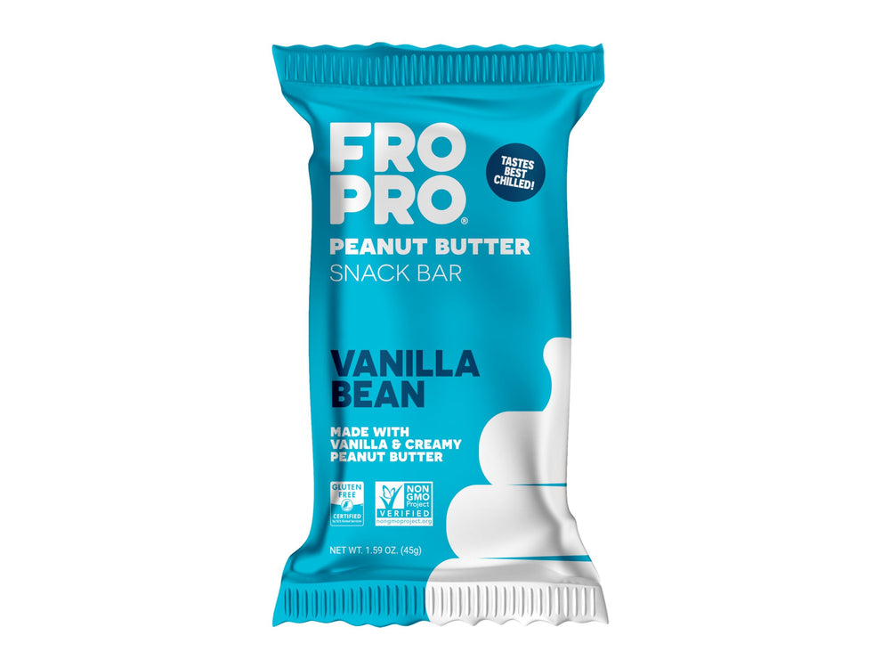 FRO PRO vanilla packaging highlights gluten-free, dairy-free protein snack.