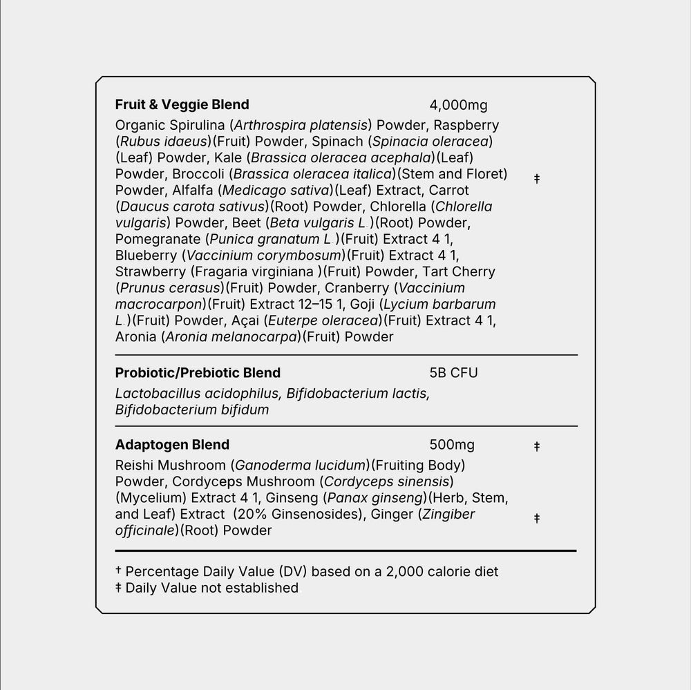 Frog Fuel Performance Greens nutrition label shows 9g protein and 5B CFU probiotics
