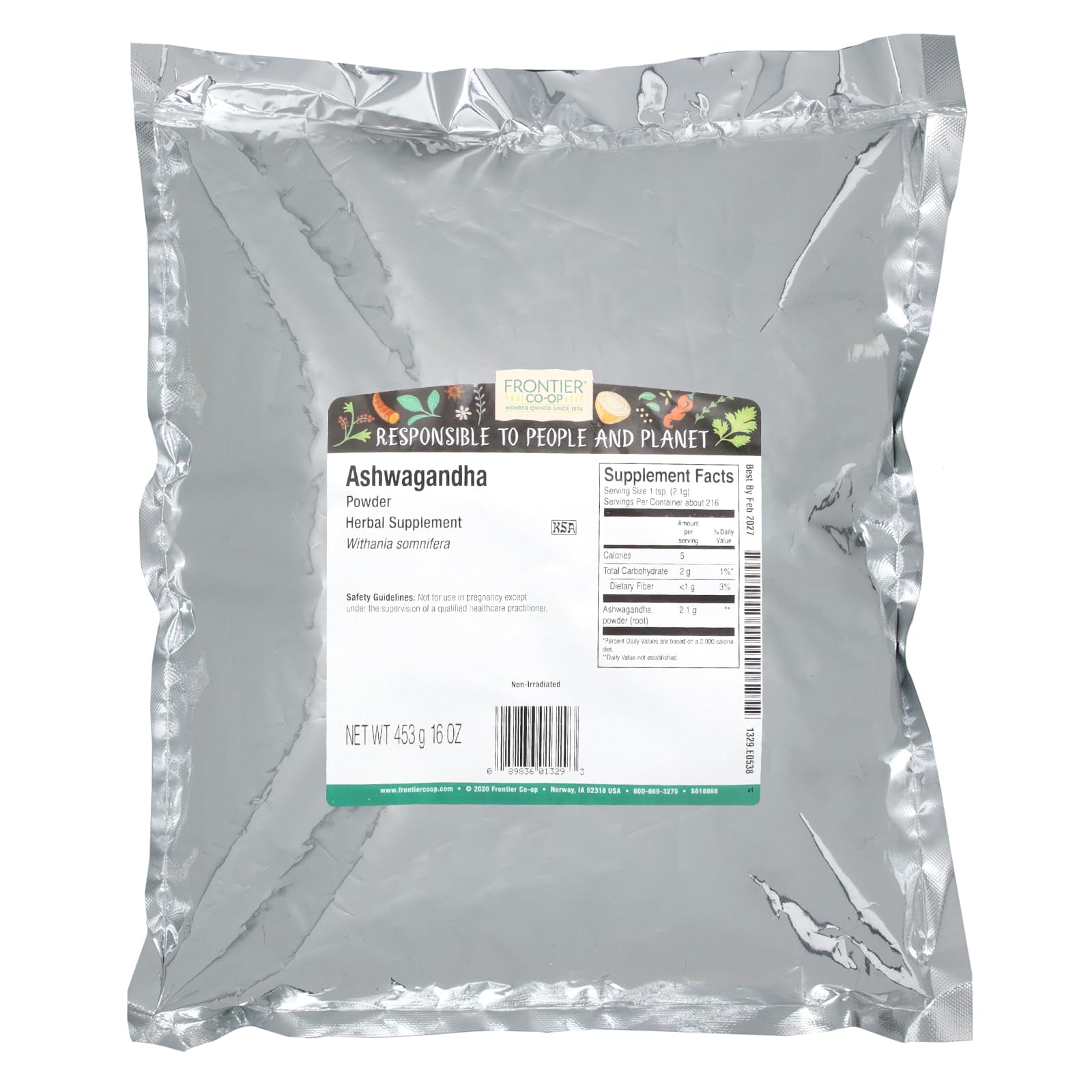 Frontier Ashwagandha Root Powder with measuring scoop for precise daily use.