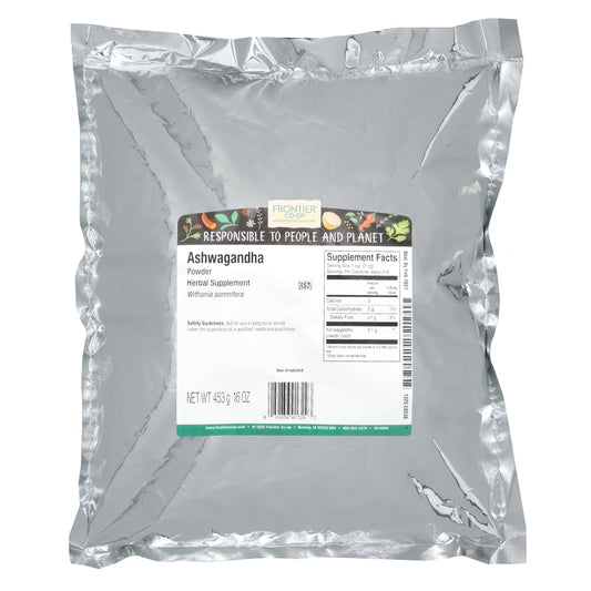Frontier Ashwagandha Root Powder with measuring scoop for precise daily use.