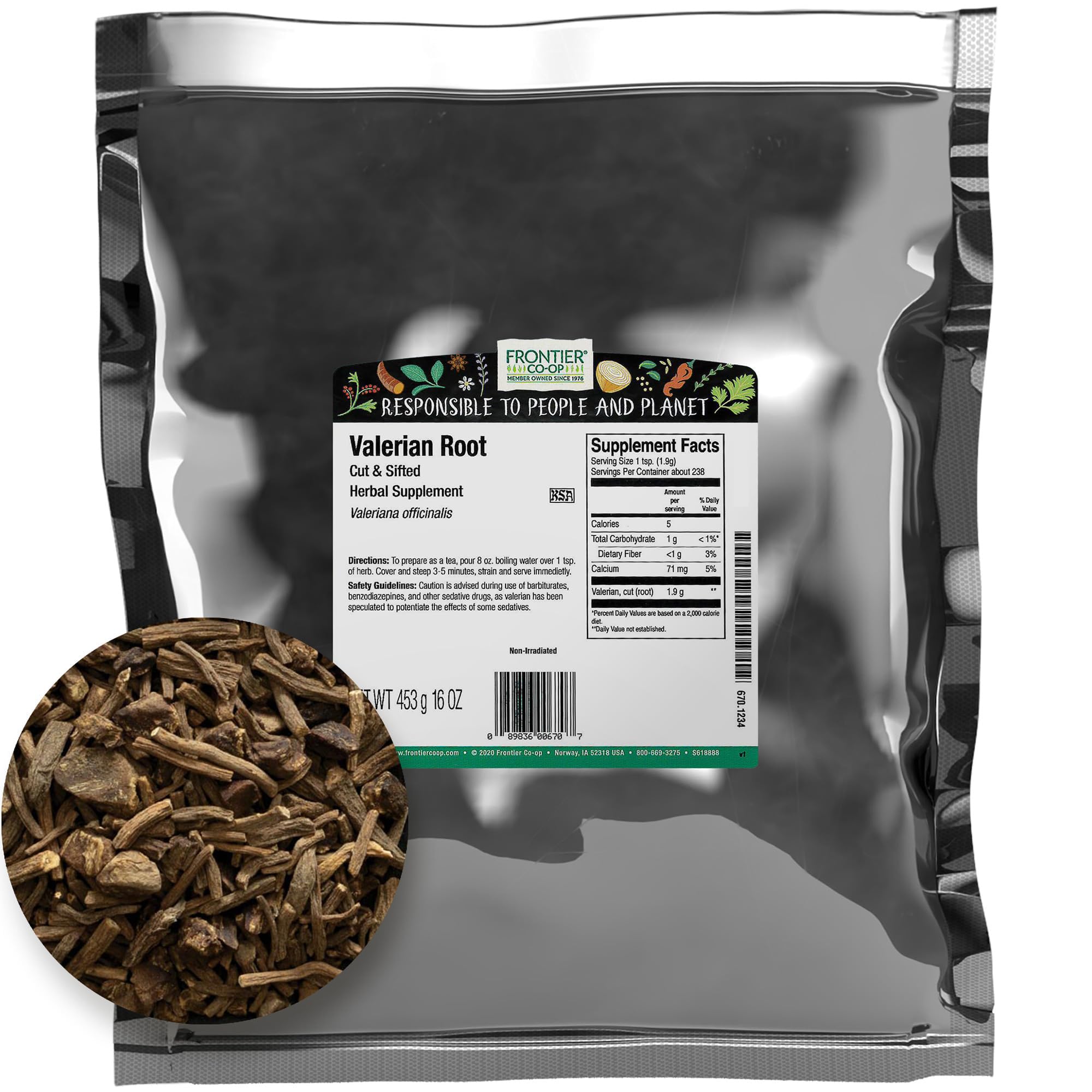Frontier Co-op cut and sifted valerian root 1lb, ideal for tea and DIY blends.