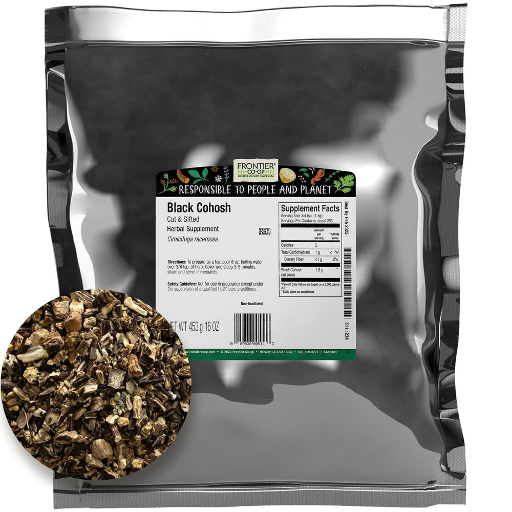Frontier Co-op cut and sifted black cohosh root in a 1 lb bulk bag for herbal blends.