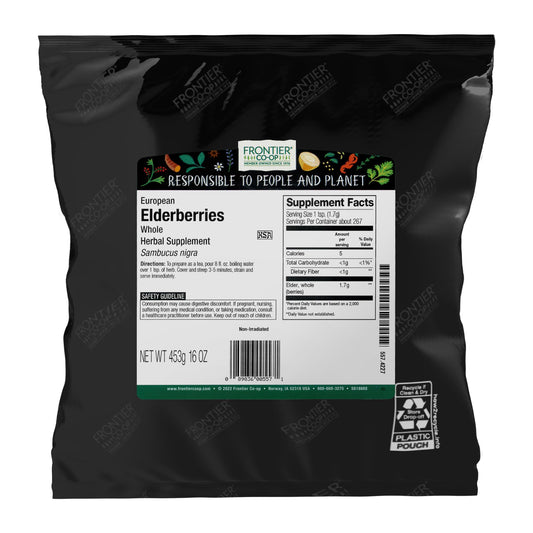 Frontier Co-op dried elderberries in a bag, European whole berries ideal for teas and syrups.