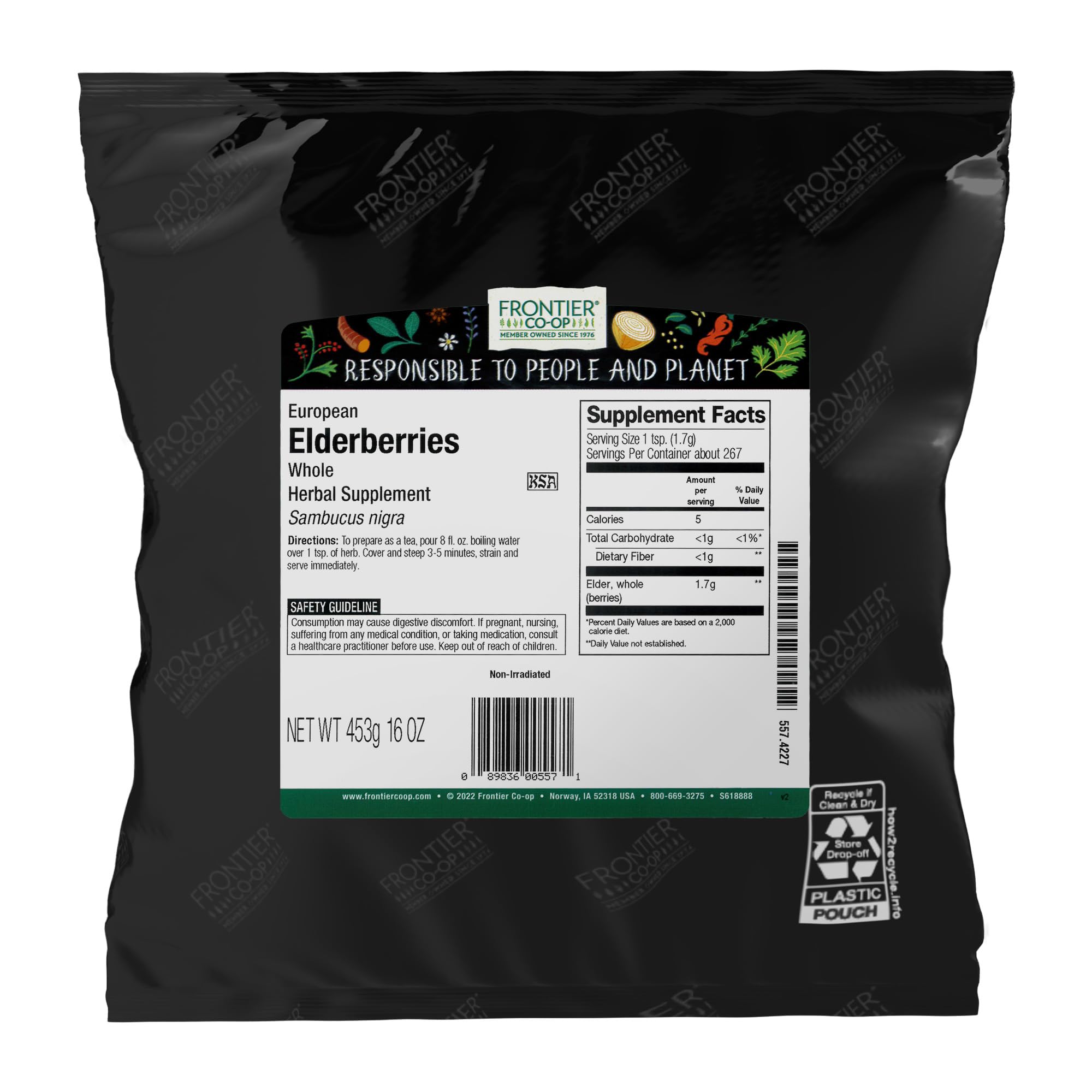 Frontier Co-op dried elderberries packaging, ideal for tea and jams.