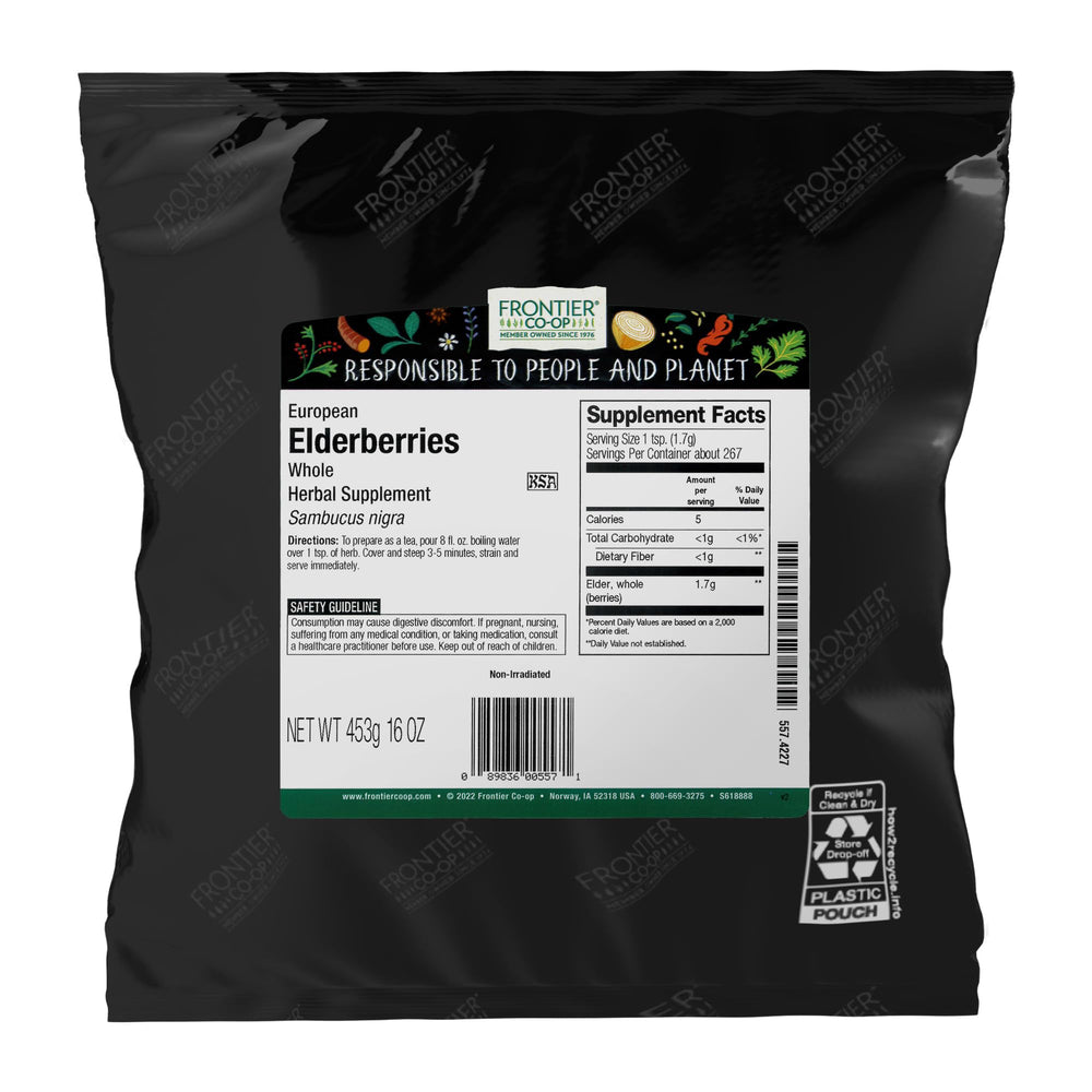 Frontier Co-op dried elderberries packaging, ideal for tea and jams.