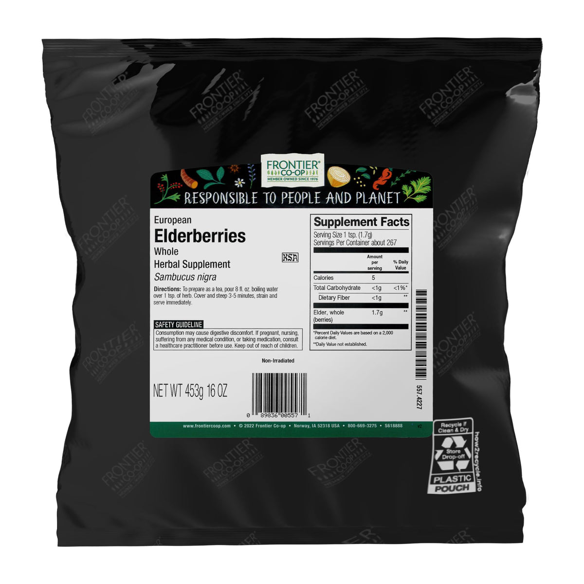 Frontier Co-op dried elderberries packaging, ideal for tea and jams.