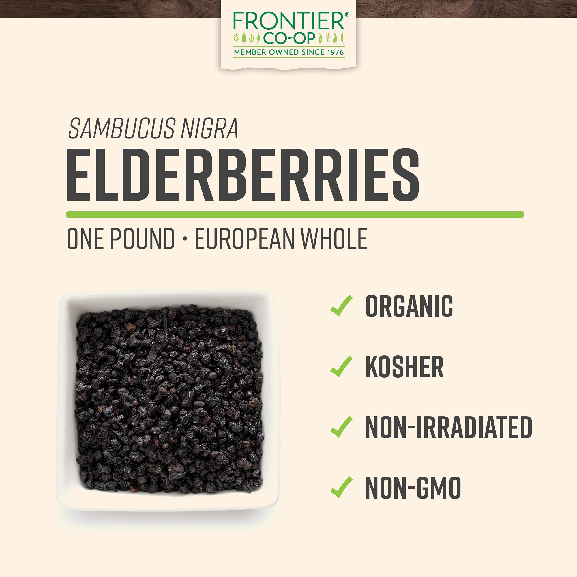 Frontier Co-op elderberries close-up of dried berries for tea and baking.