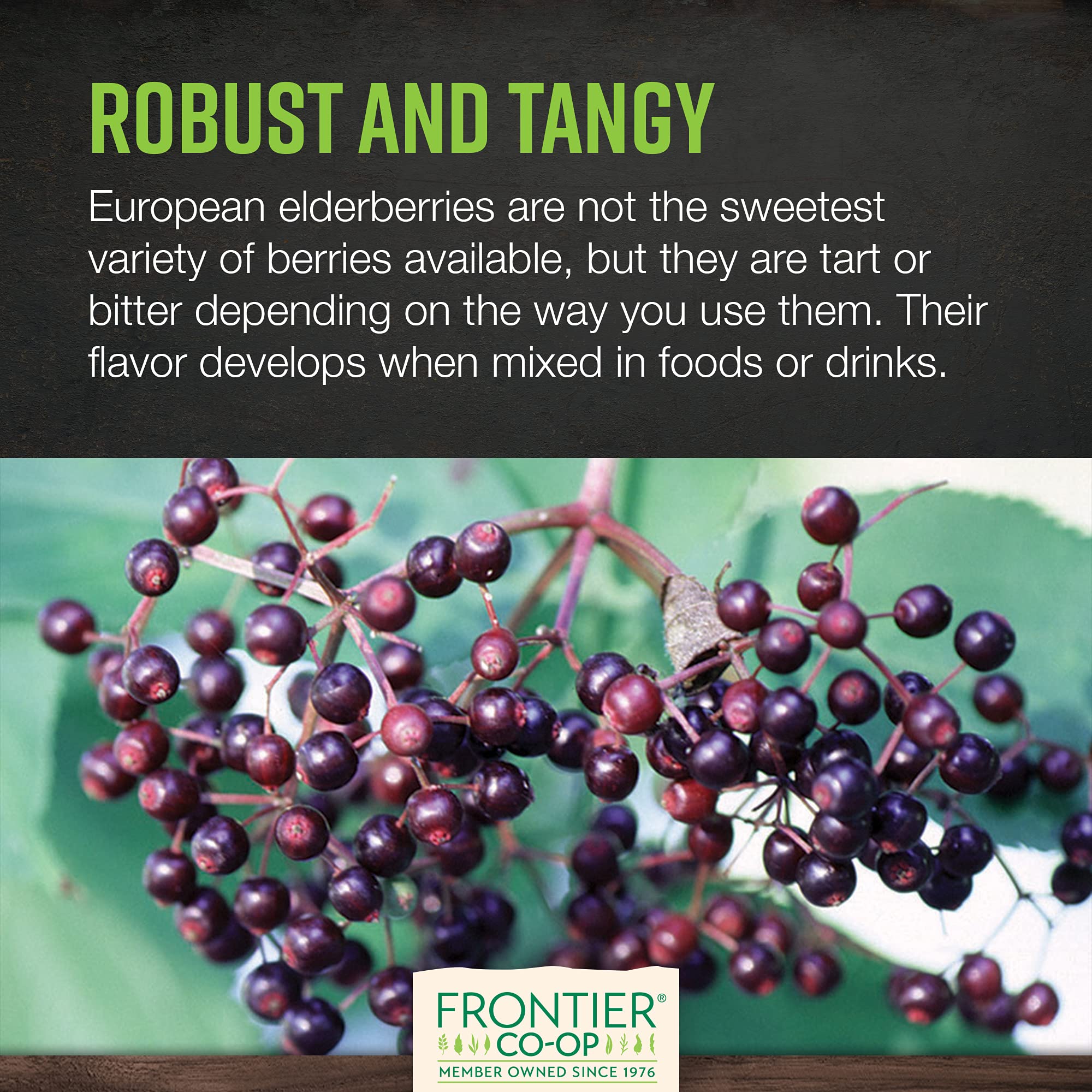 Frontier Co-op organic elderberries packaging shows Kosher and Non-GMO status.