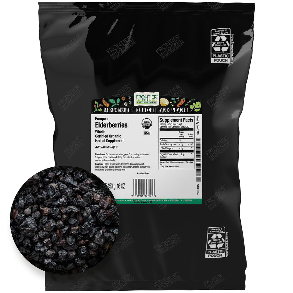 Frontier Co-op organic dried elderberries in a 1lb bulk bag; supports immune-system-friendly beverages.