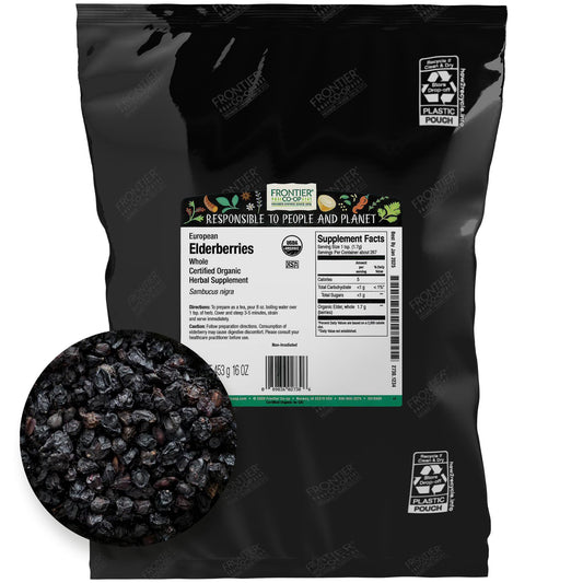 Frontier Co-op organic dried elderberries in a 1lb bulk bag; supports immune-system-friendly beverages.