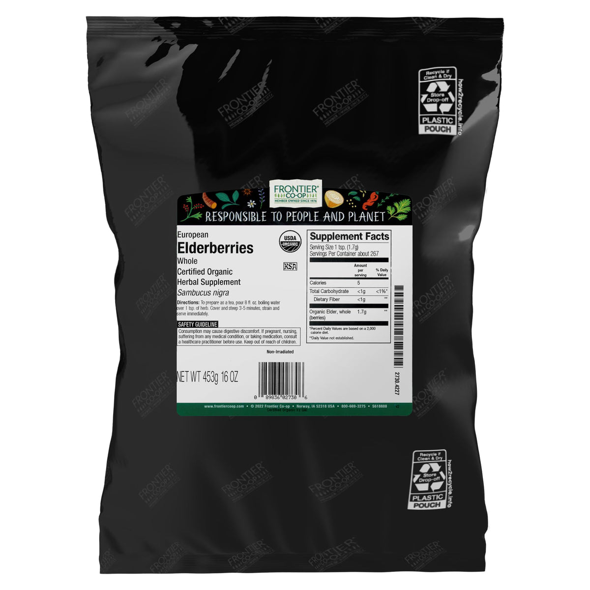 Frontier Co-op European whole elderberries, dried, ideal for tea and syrups.
