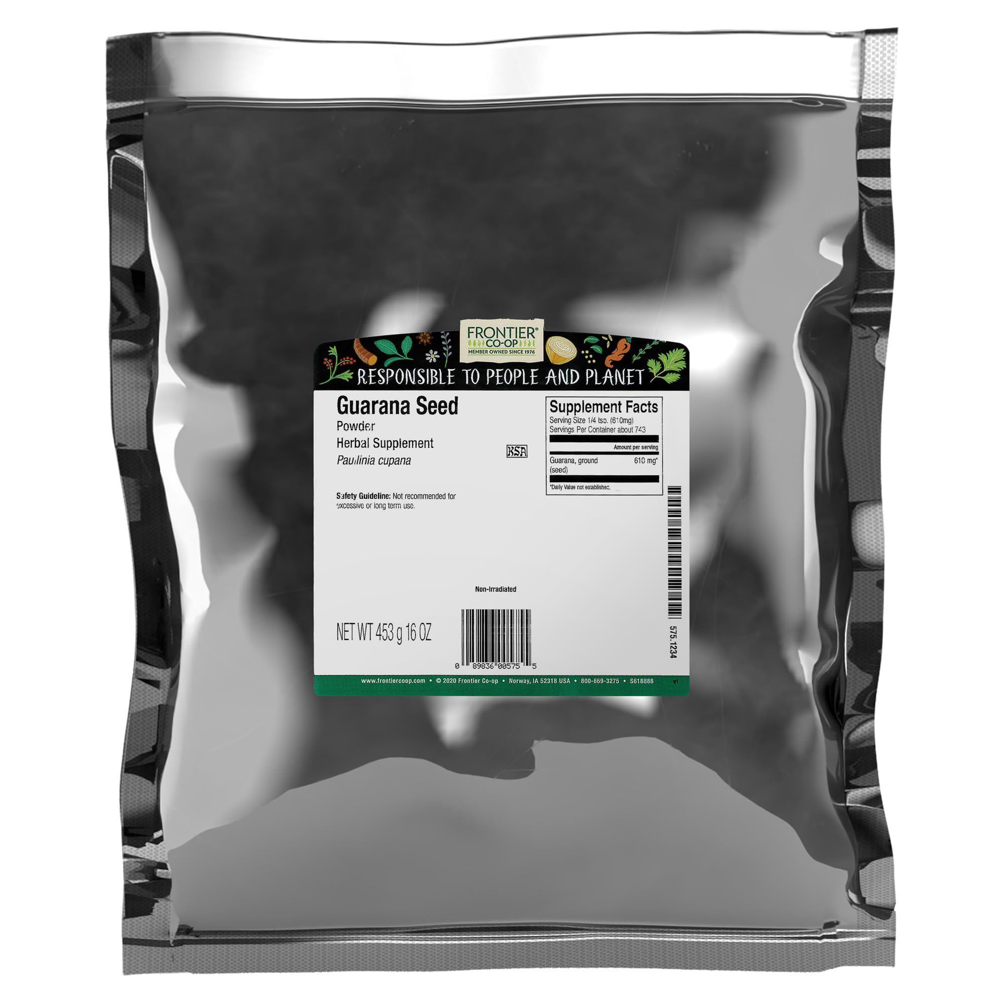 Frontier Co-op Guarana Powder bottle close-up highlighting pure caffeine boost.