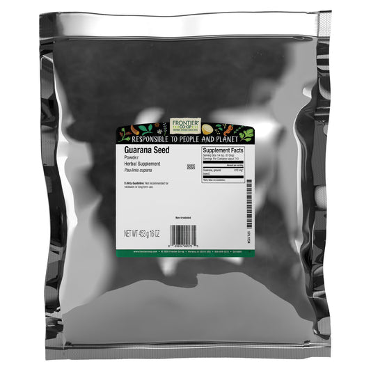 Frontier Co-op Guarana Powder bottle close-up highlighting pure caffeine boost.