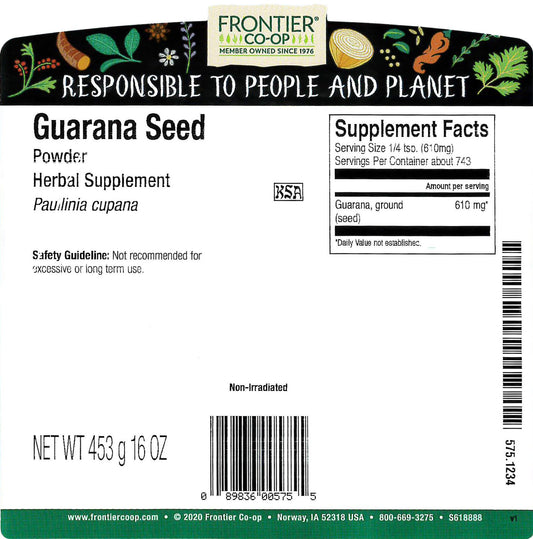 Frontier Co-op Guarana Powder packaging showing bulk bag for easy stocking.