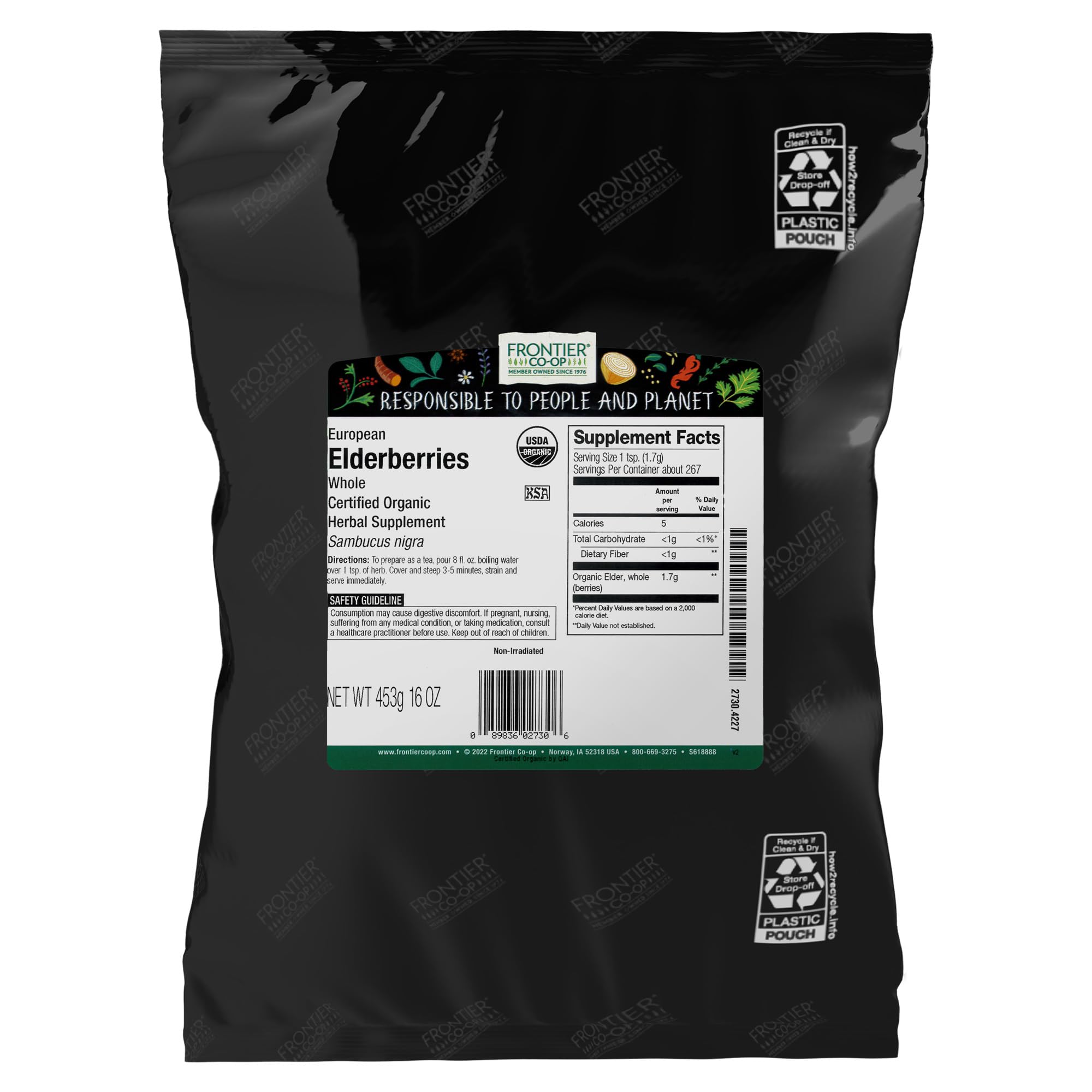 Frontier Co-op Organic Dried Elderberries (whole European) ideal for teas and syrups.