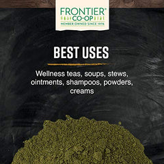 Frontier Co-op organic certification badge on nettle powder packaging.