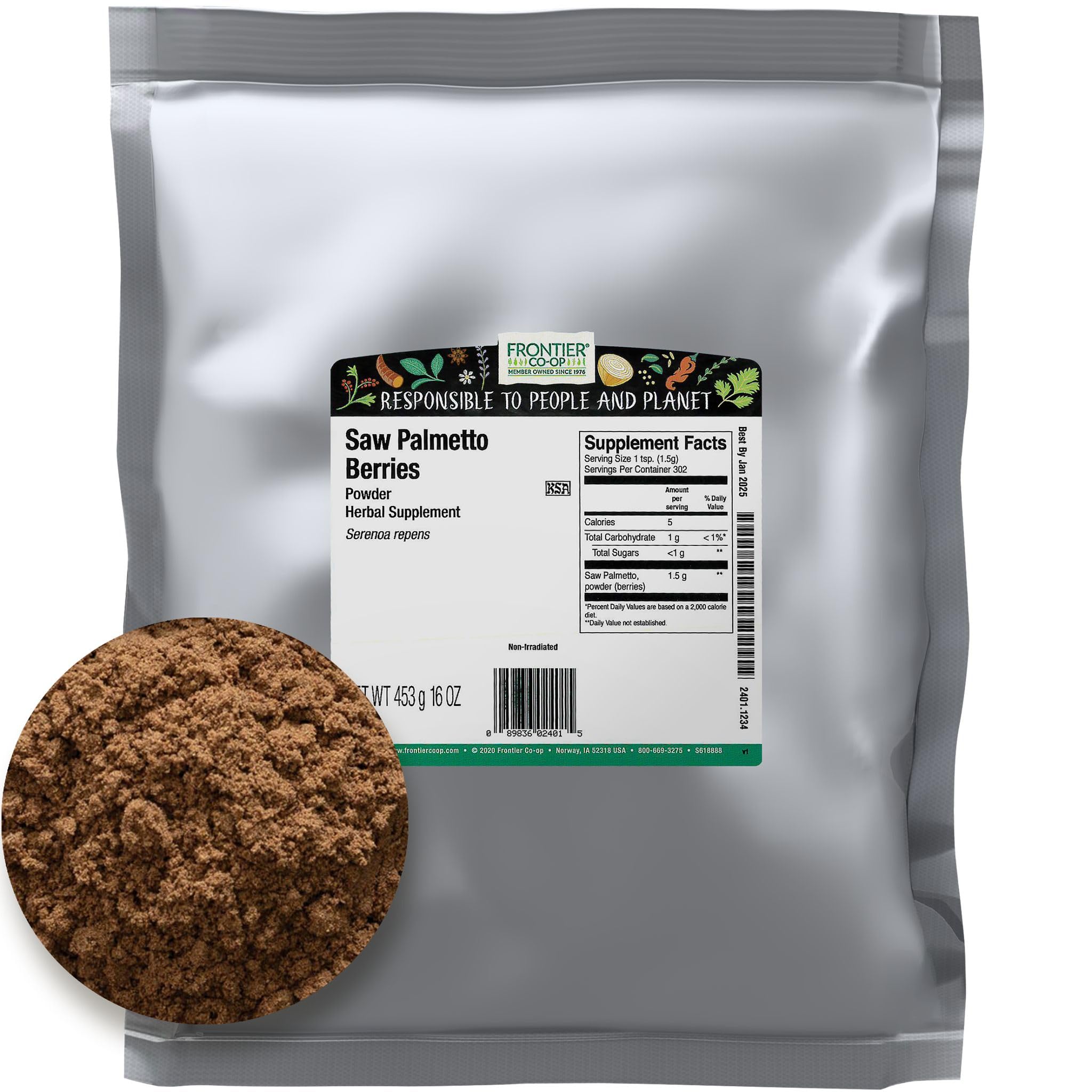 Frontier Co-op saw palmetto berries powder bulk bag for easy DIY blends.