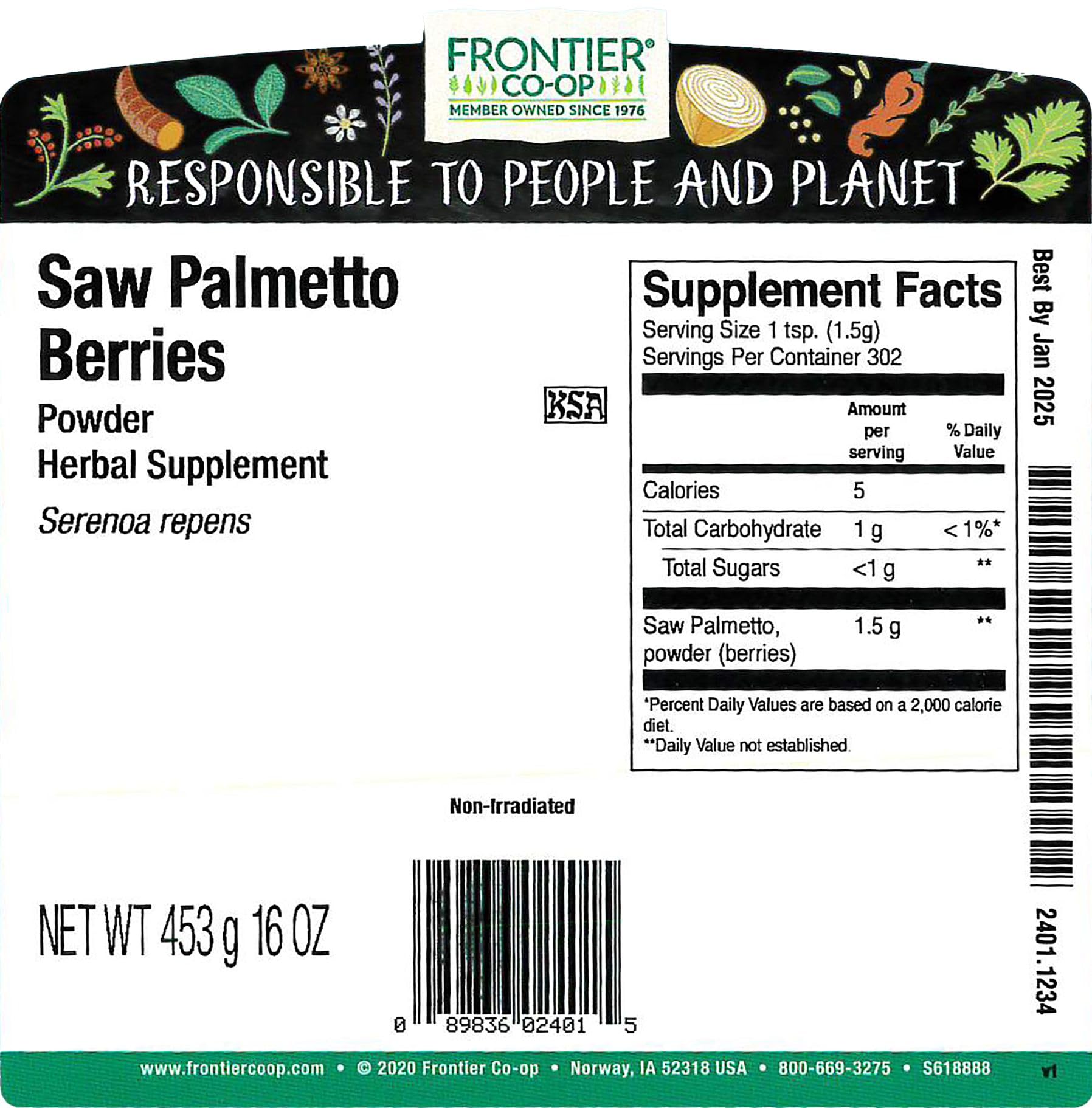 Frontier Co-op saw palmetto berries powder with scoop for precise dosing.