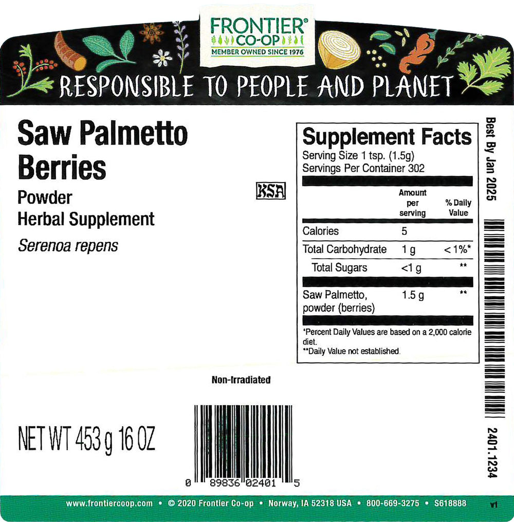 Frontier Co-op saw palmetto berries powder with scoop for precise dosing.