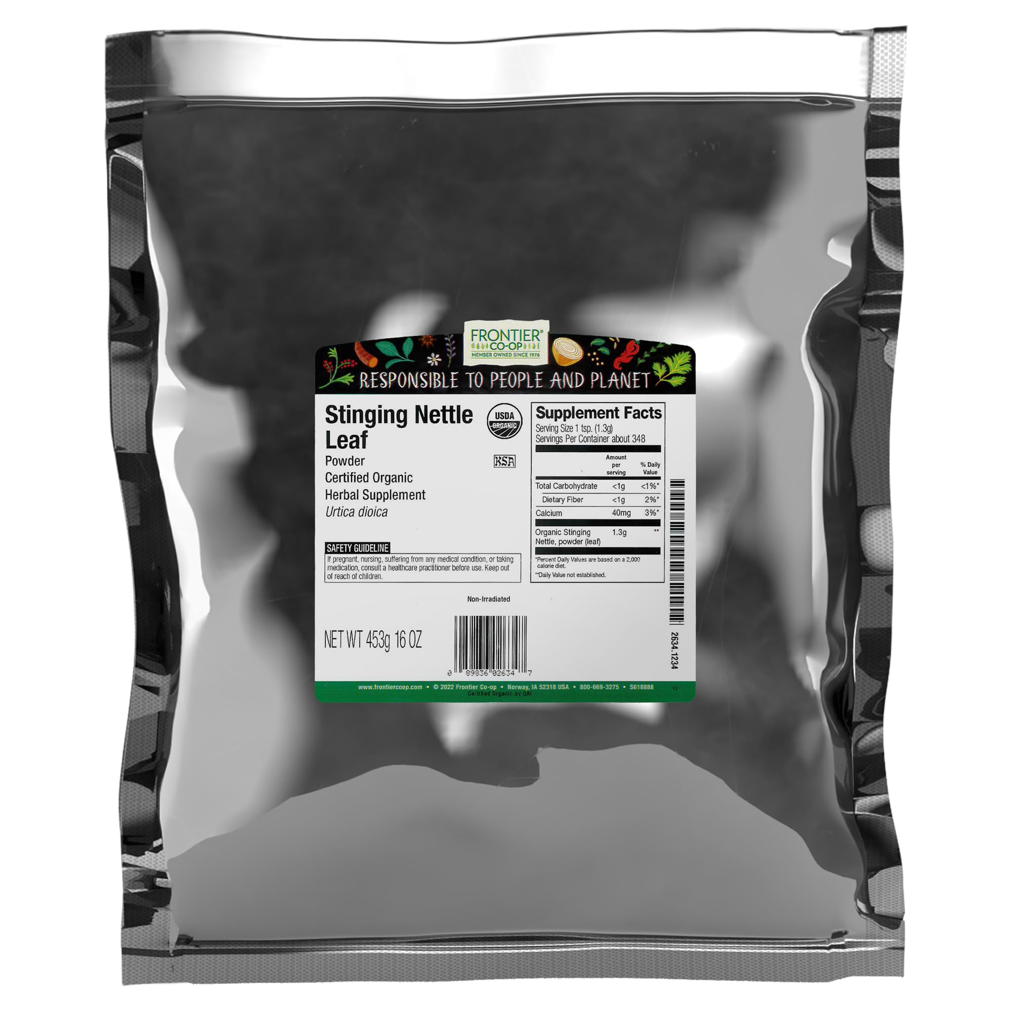 Frontier Co-op stinging nettle leaf powder front view for teas and soups.