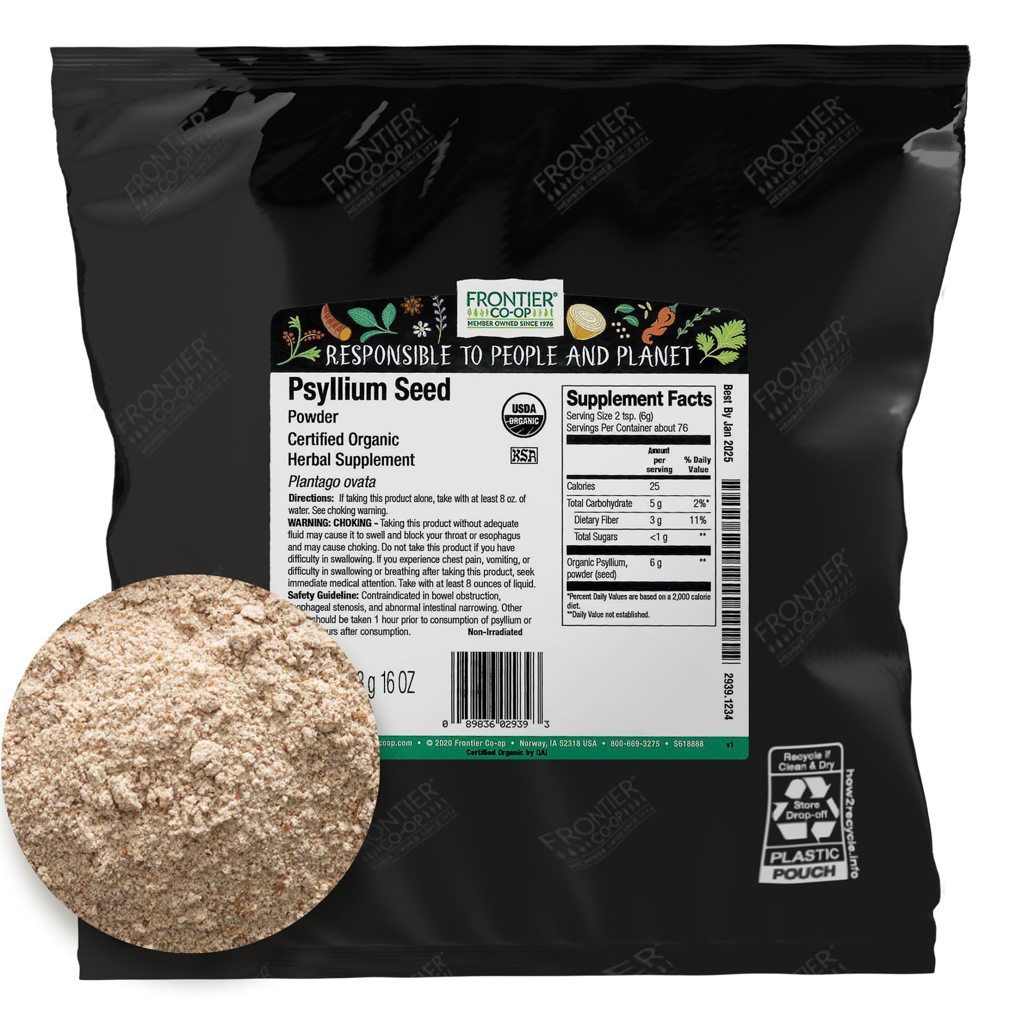 Frontier Psyllium Seed Powder bulk packaging demonstrates eco-friendly materials and reduced waste.
