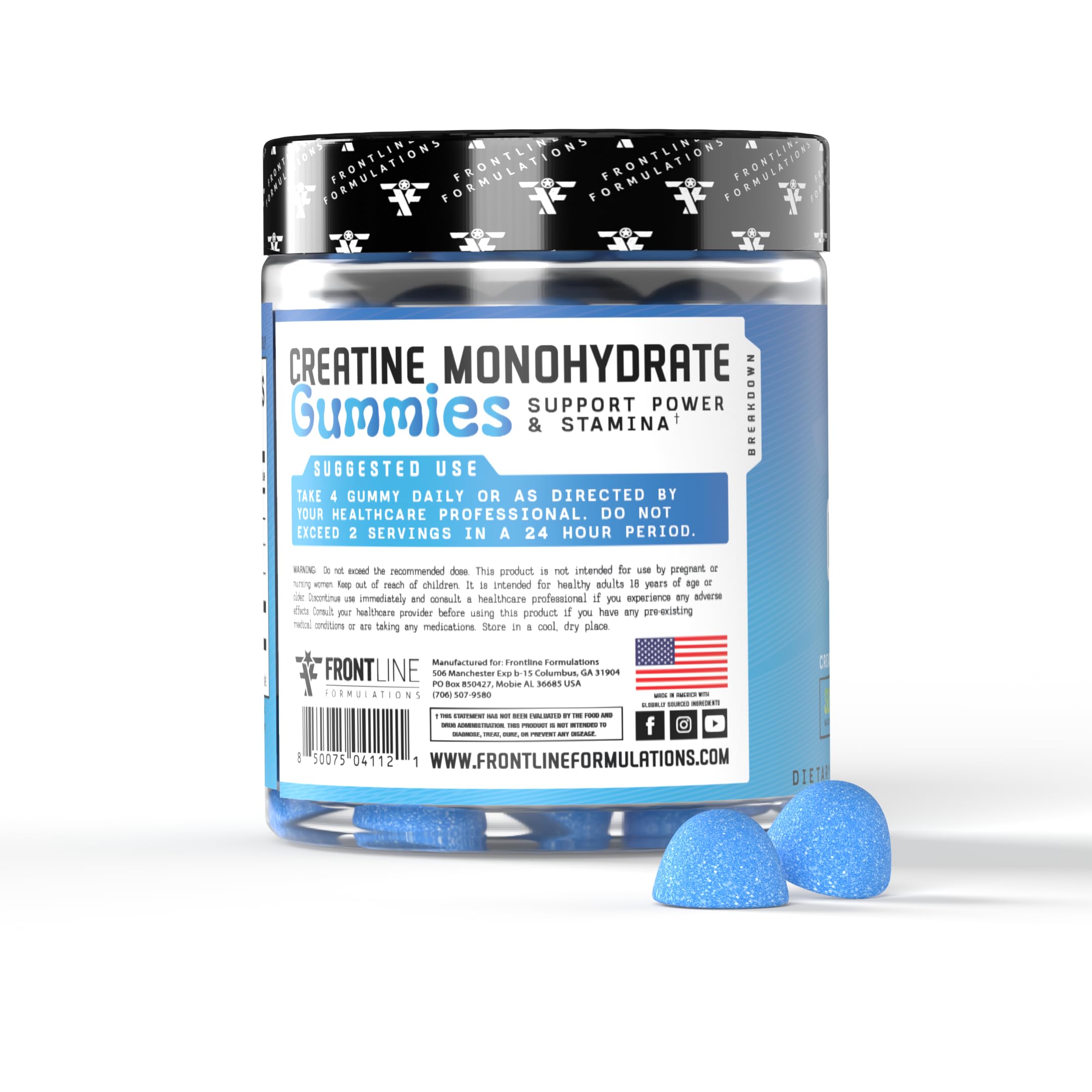 Frontline Formulations Creatine Monohydrate Gummies sour blue razz flavor detail.