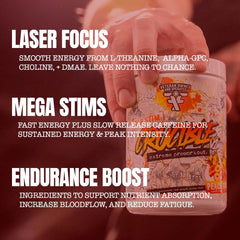 FRONTLINE FORMULATIONS Crucible tub on gym shelf ready for pre-workout use.