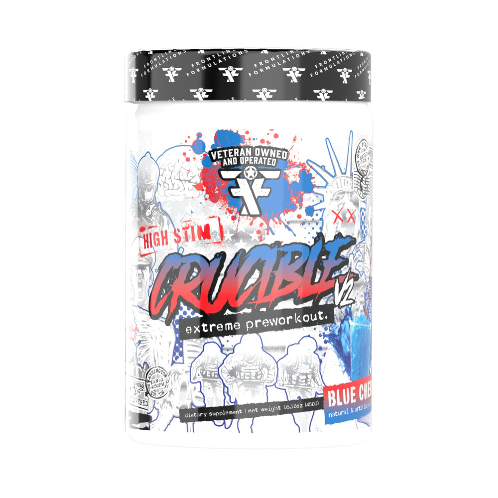 FRONTLINE FORMULATIONS Crucible tub with Blue Cherry Slushie for explosive workouts.