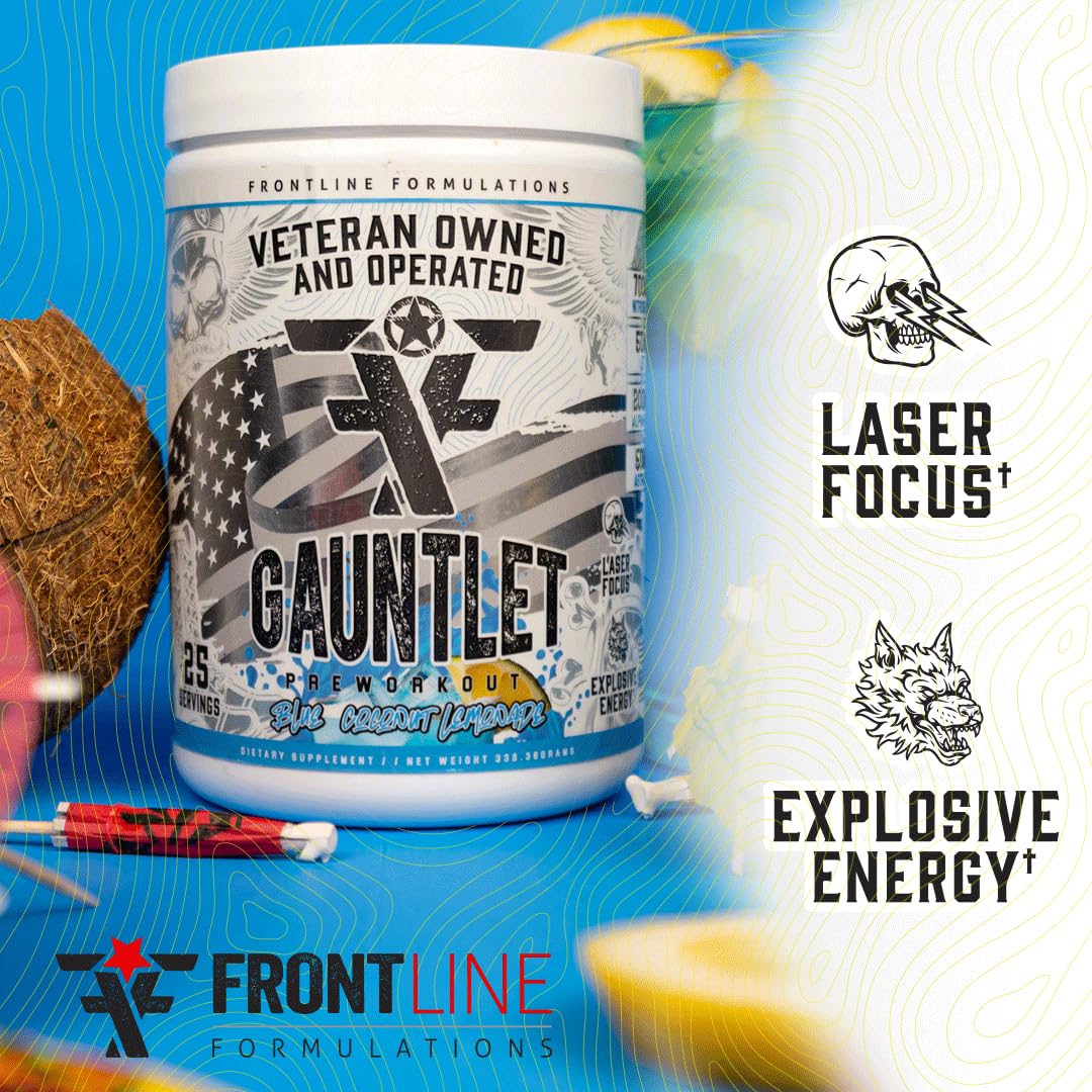 FRONTLINE Gauntlet label close-up highlights energy blend.