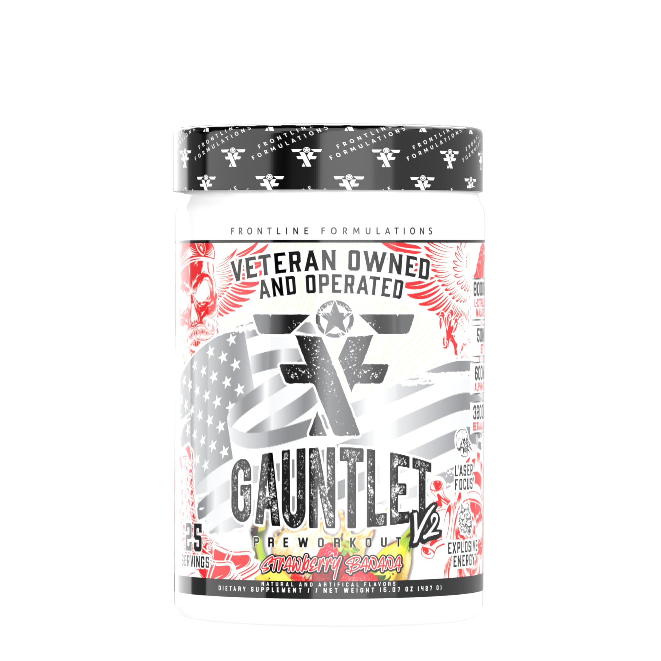 Frontline Formulations Gauntlet powder strawberry banana ready for intense workouts.