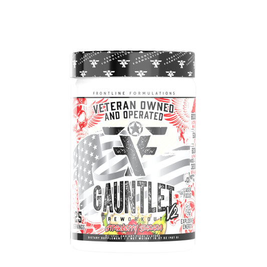 Frontline Formulations Gauntlet powder strawberry banana ready for intense workouts.