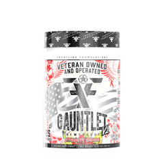 Frontline Formulations Gauntlet powder strawberry banana ready for intense workouts.