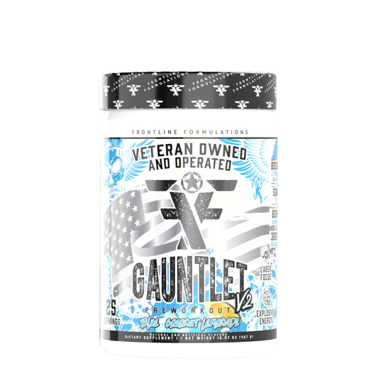 FRONTLINE FORMULATIONS Gauntlet pre-workout powder tub front view for energized training sessions.