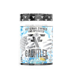 FRONTLINE FORMULATIONS Gauntlet pre-workout powder tub front view for energized training sessions.