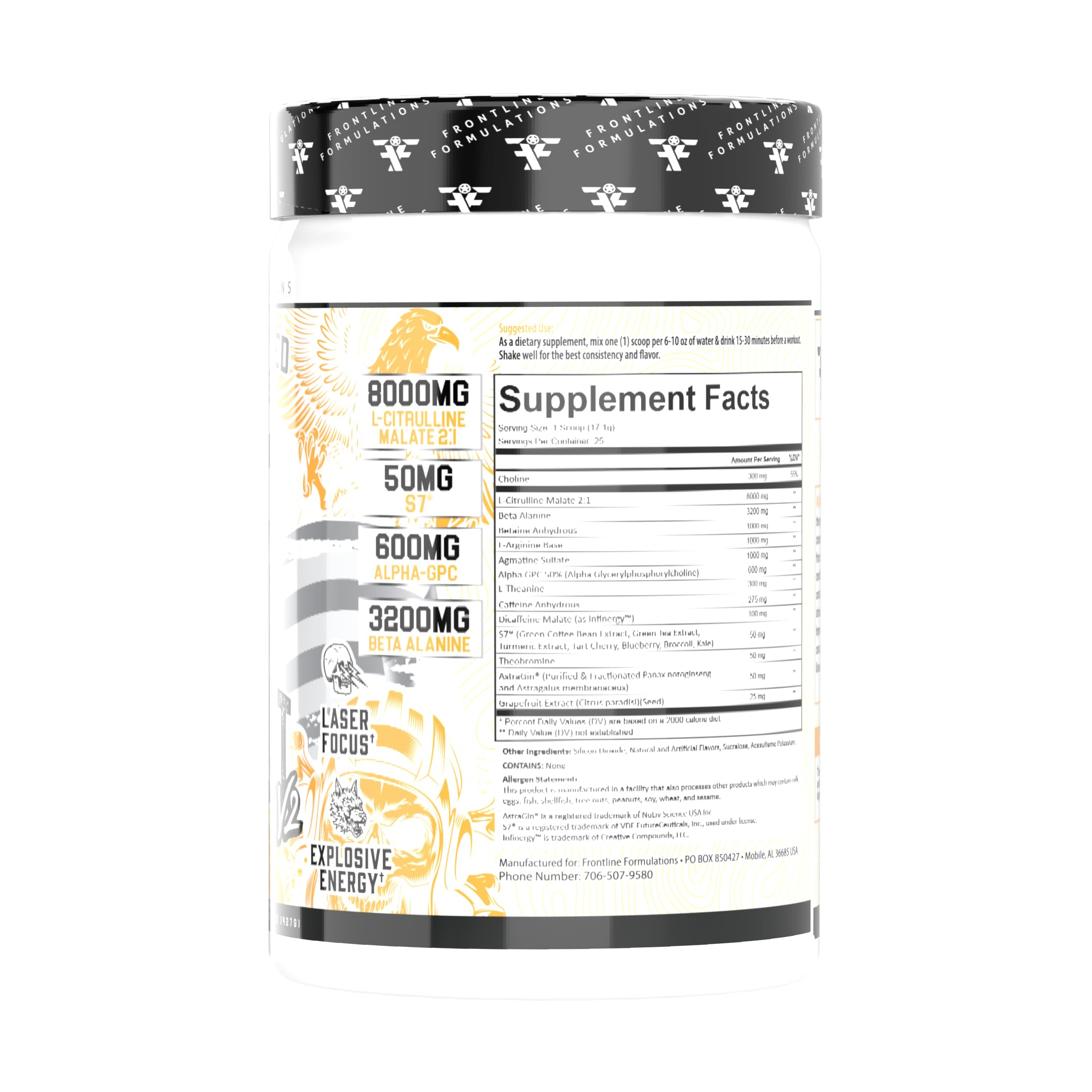 FRONTLINE FORMULATIONS Gauntlet tub label highlights premium ingredients and flavor
